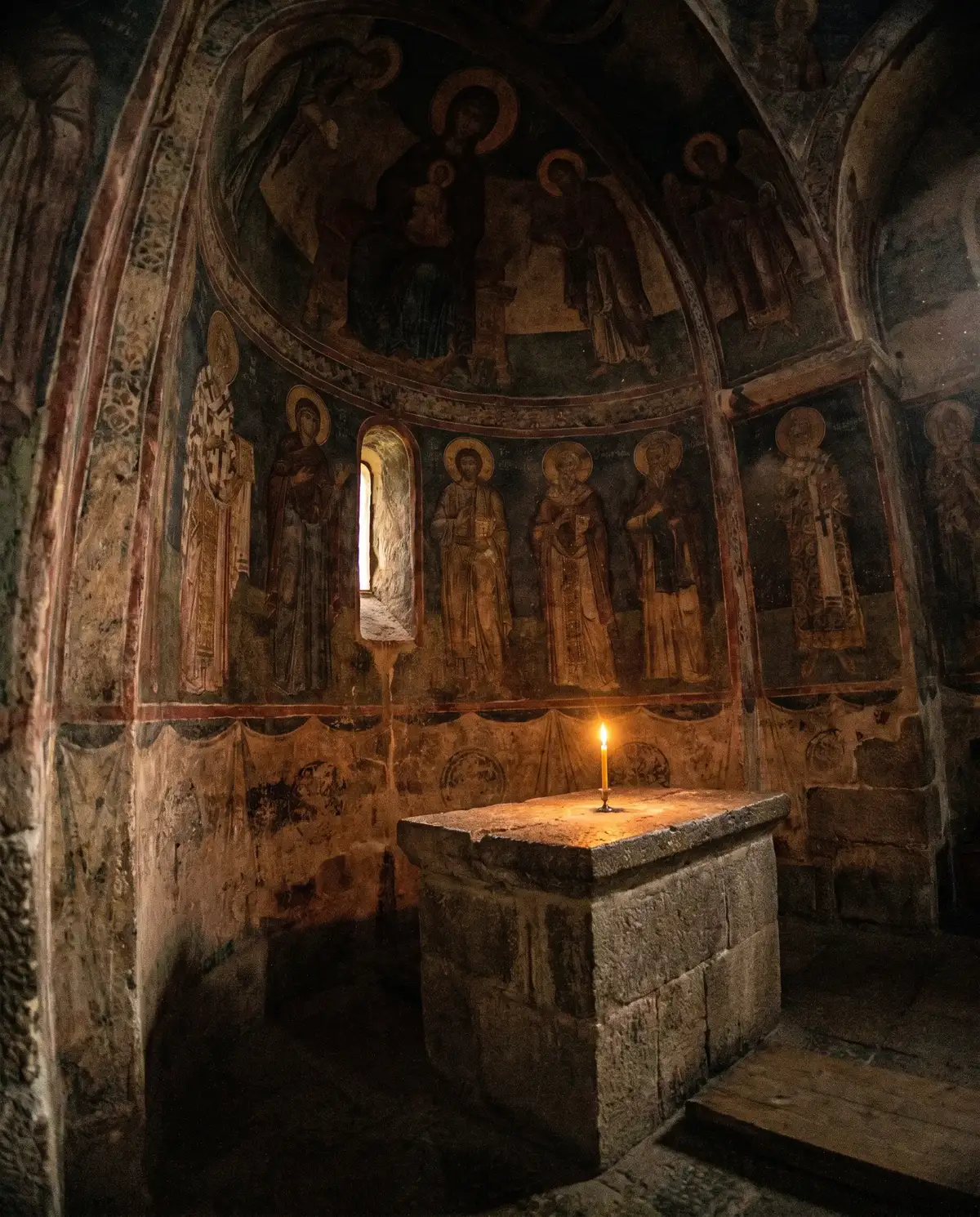 Интерьер монастыря Джвари, фрески и свеча