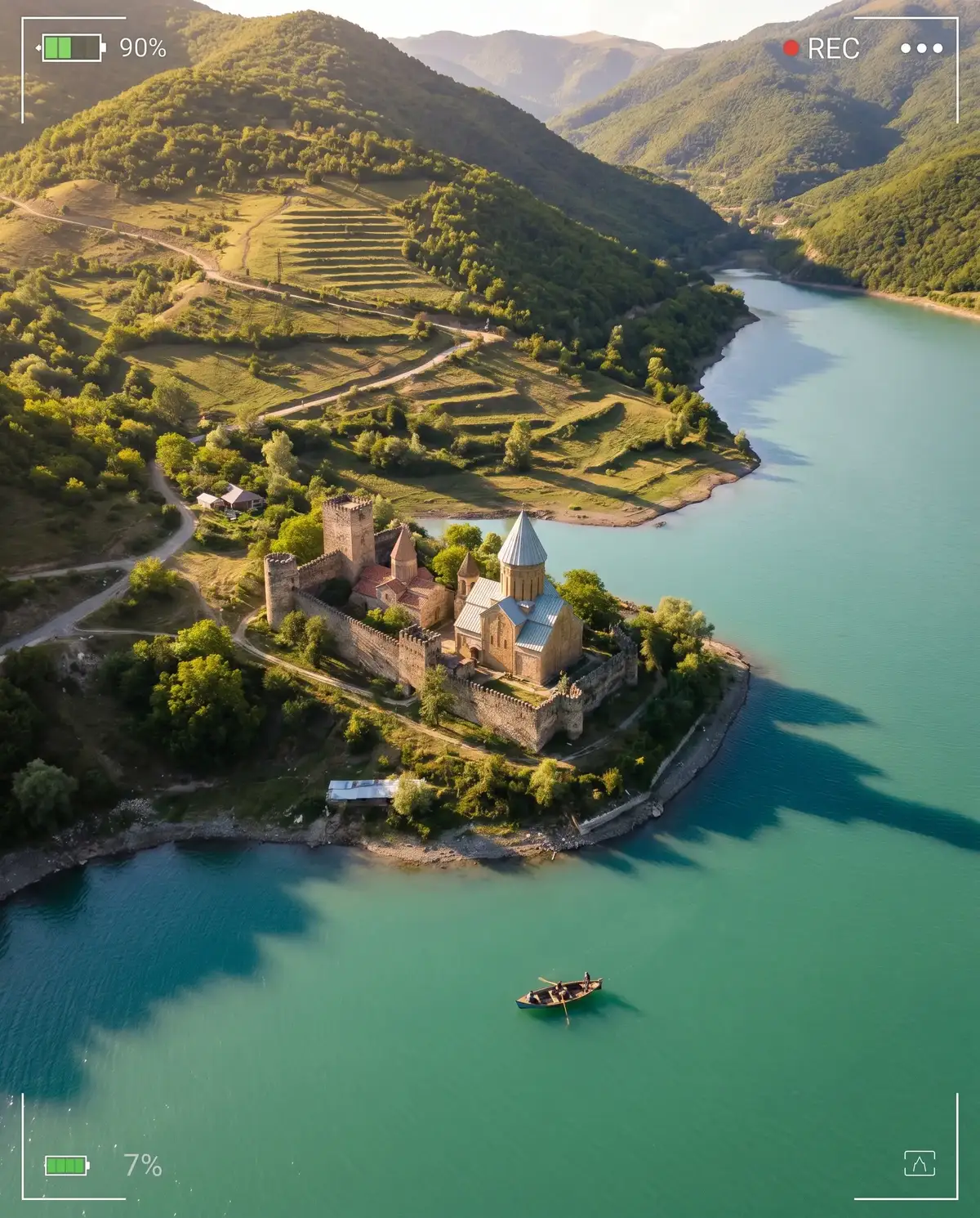 Крепость Ананури с высоты, бирюзовое водохранилище
